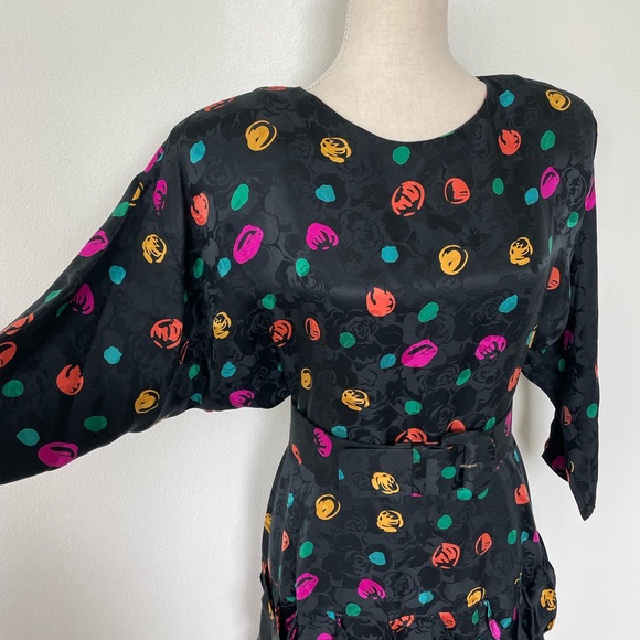 Vintage 80s Maggie London 100% Silk Drop Waist Print Size Small Dress - Picture 5 of 8